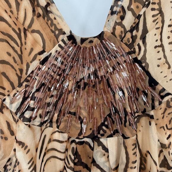 Alberta Ferretti Beaded Brown Print Silk Flutter Sleeve Boho Dress, Size 4 - Picture 8 of 8